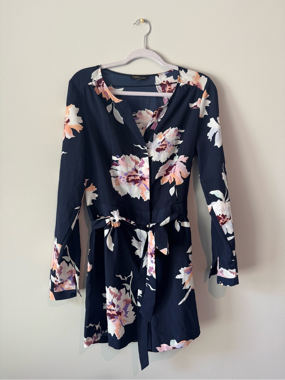 Dalia Navy Floral Long-Sleeve Wrap Romper with Belt